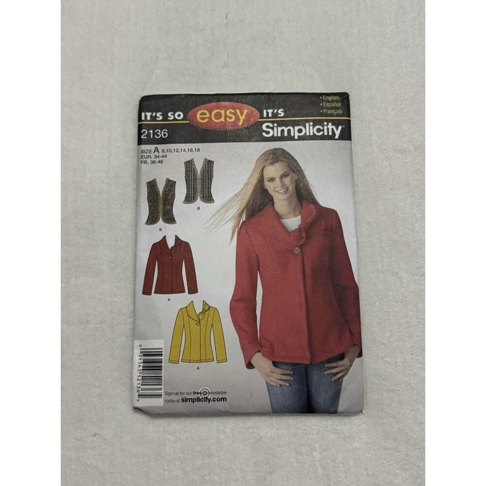 Simplicity 2136 Sewing Pattern Misses Jacket Vest Coat Bow Miss Sizes 8-18